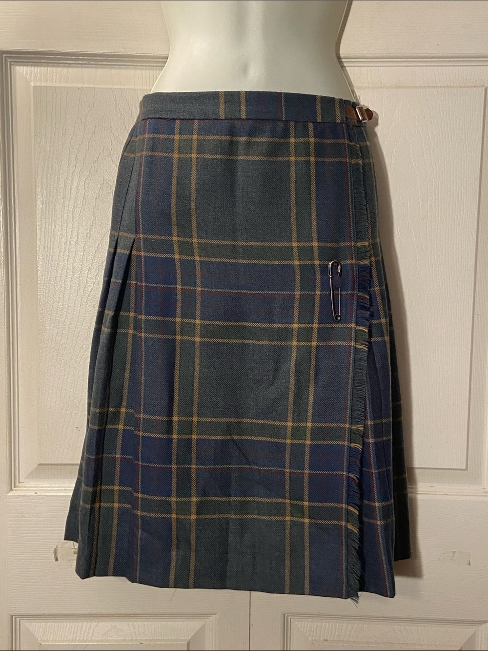 Ralph Lauren Green/Yellow Plaid Wrap Scottish Wool Skirt with Fringe Edge sz 8P